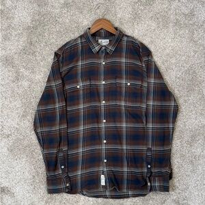 Lucky Brand Button Down Shirt Mens Navy and Brown Plaid